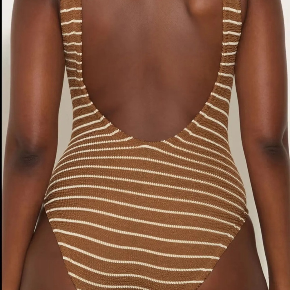 Hunza G Brown and Cream Striped Square Neck One Piece